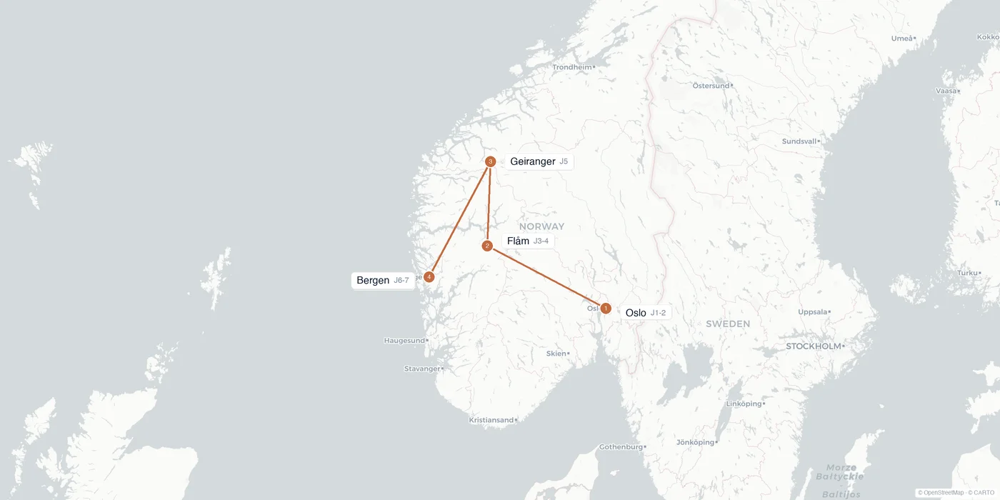 Carte de l'itinéraire 1 semaine en Norvège : Oslo, Flåm, Nærøyfjord, Geiranger, Bergen