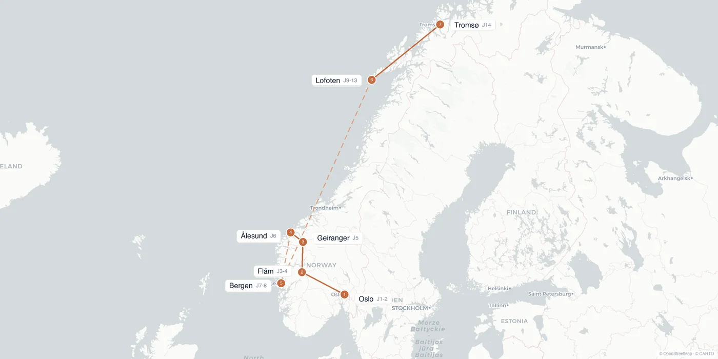 Carte de l'itinéraire 2 semaines en Norvège : Oslo, Flåm, Geiranger, Ålesund, Bergen, Lofoten
