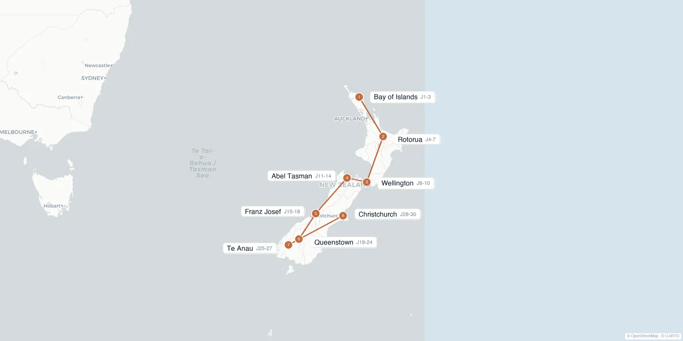 Carte de l'itinéraire 1 mois en Nouvelle-Zélande : Bay of Islands, Auckland, Rotorua, Wellington, Abel Tasman, glaciers, Queenstown, Milford Sound
