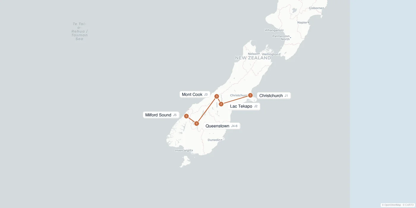 Carte de l'itinéraire 1 semaine en Nouvelle-Zélande : Christchurch, lac Tekapo, mont Cook, Queenstown, Milford Sound