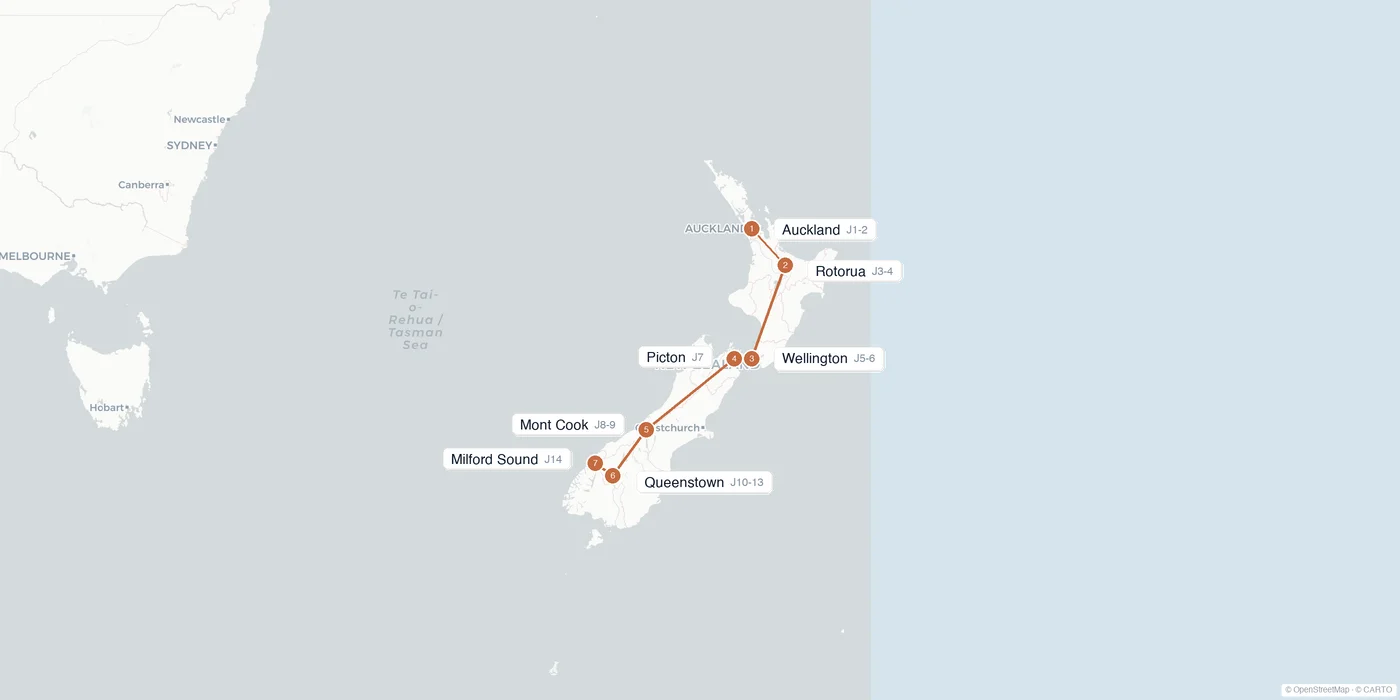 Carte de l'itinéraire 2 semaines en Nouvelle-Zélande : Auckland, Rotorua, Wellington, Christchurch, mont Cook, Queenstown, Milford Sound