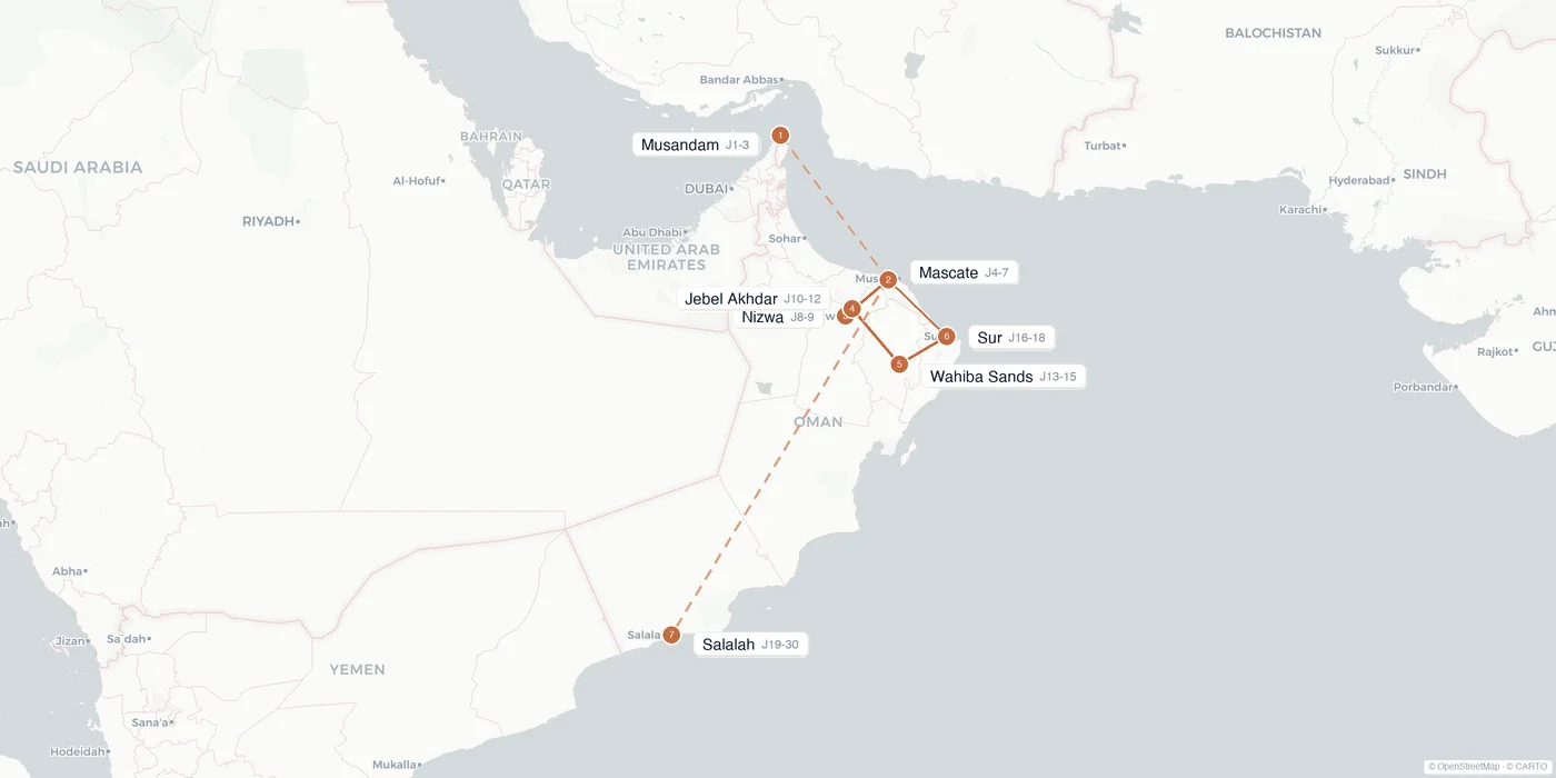 Carte de l'itinéraire 1 mois à Oman : Musandam, Mascate, Nizwa, Jebel Akhdar, Wahiba Sands, Sur, Salalah, Dhofar