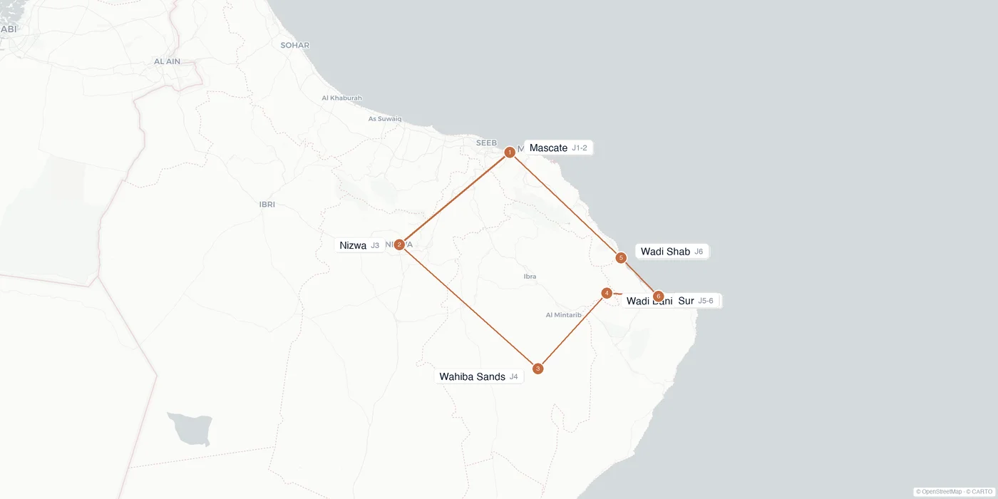 Carte de l'itinéraire 1 semaine à Oman : Mascate, Nizwa, Wahiba Sands, Wadi Bani Khalid, Wadi Shab, Sur