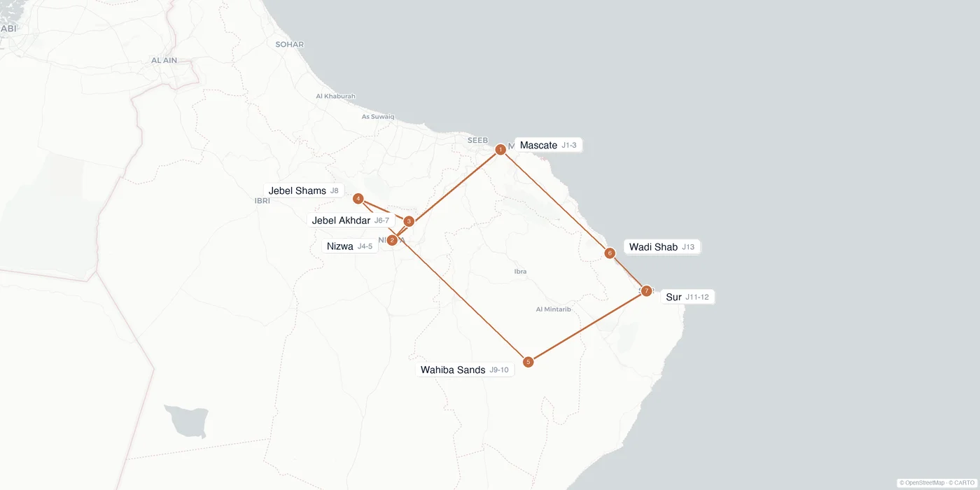 Carte de l'itinéraire 2 semaines à Oman : Mascate, Nizwa, Jebel Akhdar, Jebel Shams, Wahiba Sands, Sur, Wadi Shab