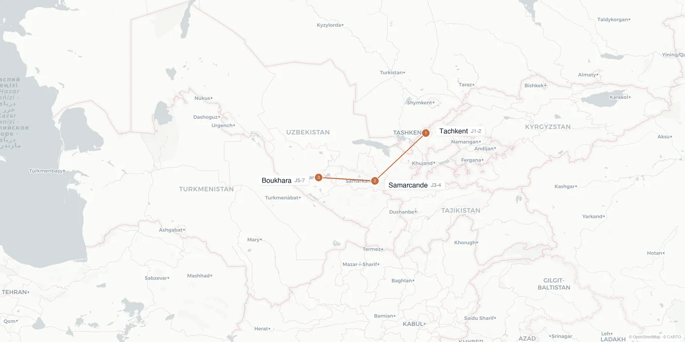 Carte de l'itinéraire 1 semaine en Ouzbékistan : Tachkent, Samarcande, Boukhara
