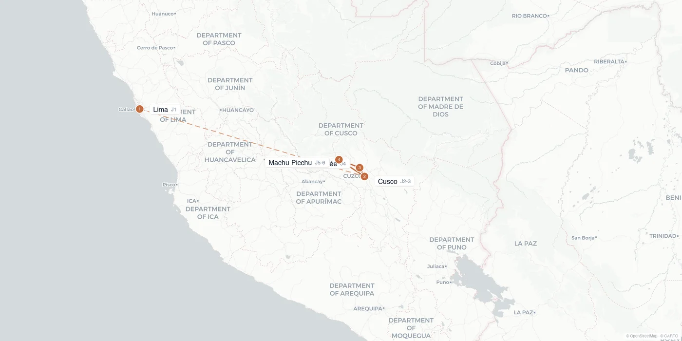 Carte de l'itinéraire 1 semaine au Pérou : Lima, Cusco, Vallée Sacrée, Ollantaytambo, Machu Picchu