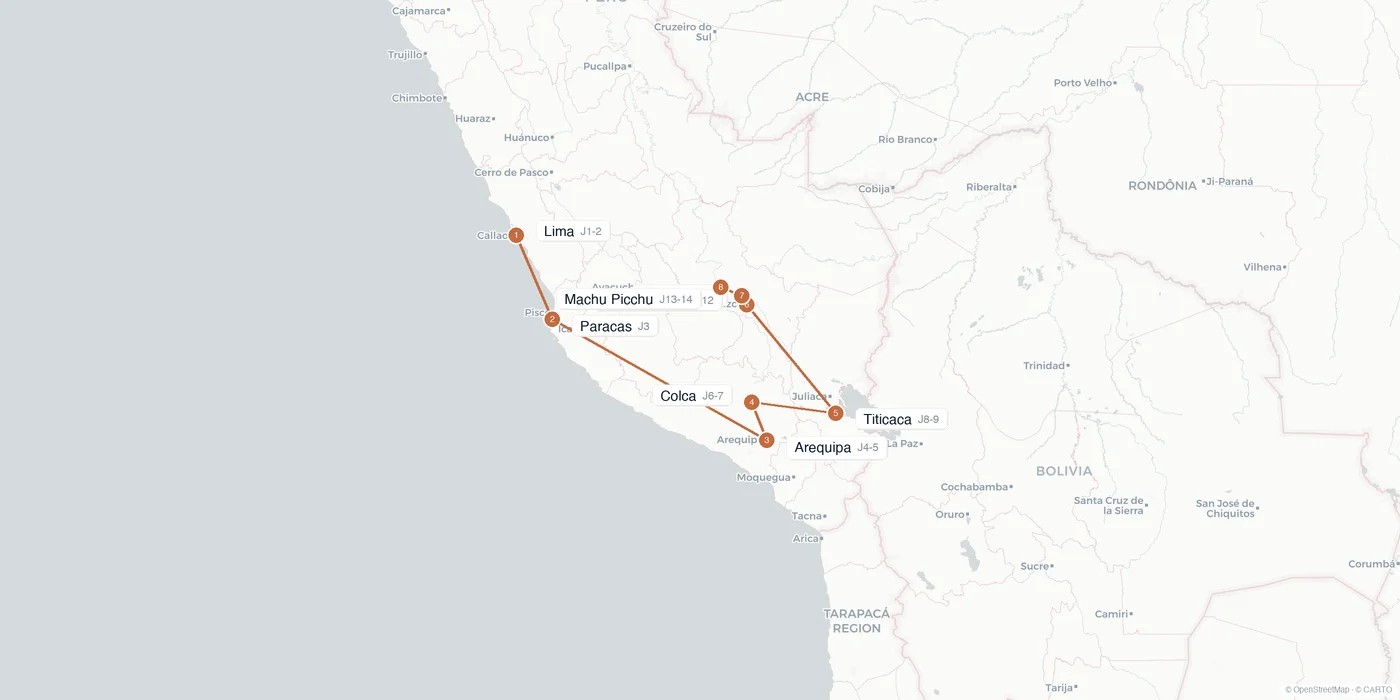 Carte de l'itinéraire 2 semaines au Pérou : Lima, Paracas, Arequipa, canyon de Colca, lac Titicaca, Cusco, Machu Picchu