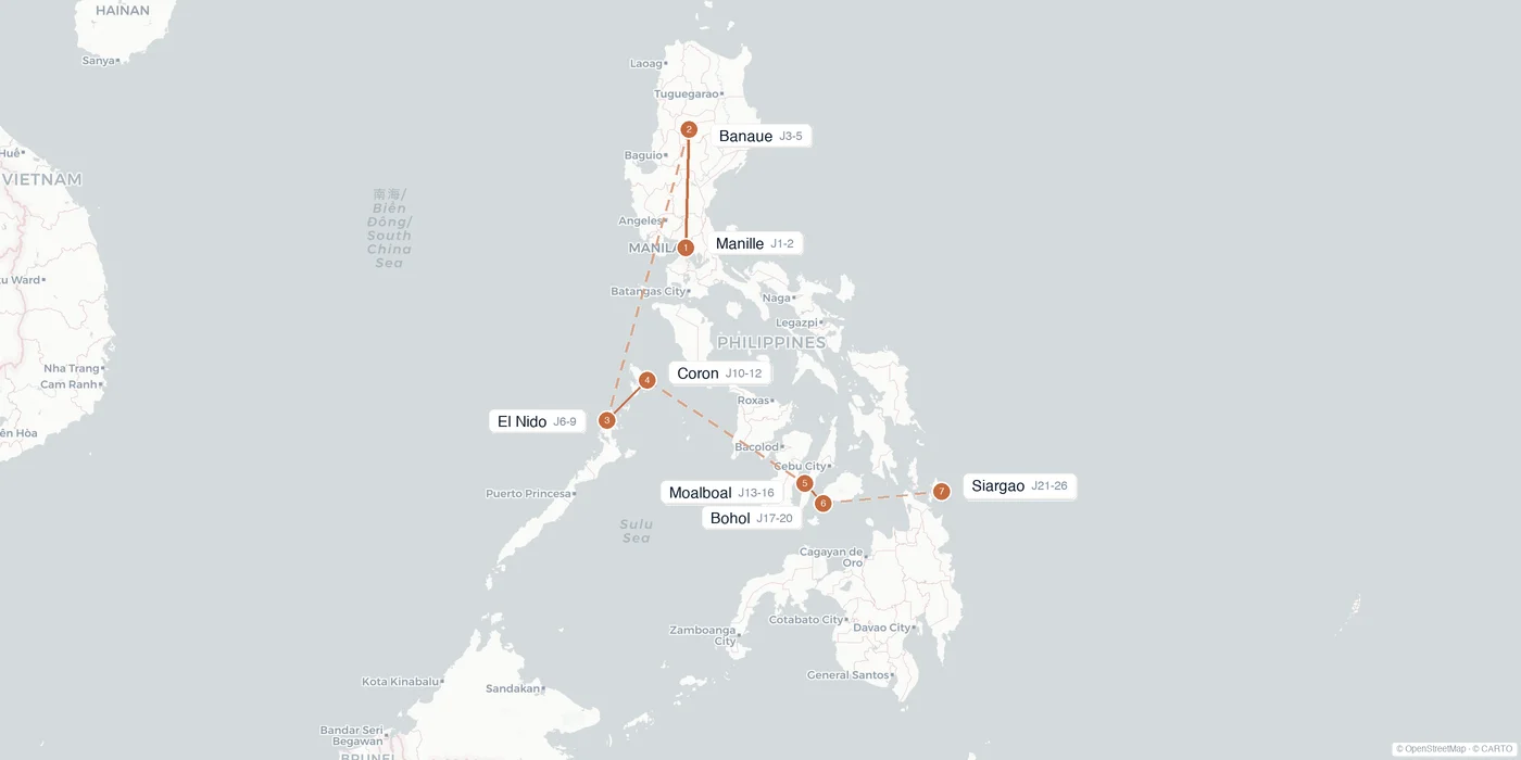 Carte de l'itinéraire 1 mois aux Philippines : Manille, Banaue, El Nido, Coron, Cebu, Moalboal, Bohol, Siargao