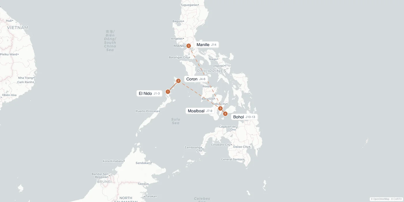 Carte de l'itinéraire 2 semaines aux Philippines : El Nido, Coron, Cebu, Moalboal, Bohol