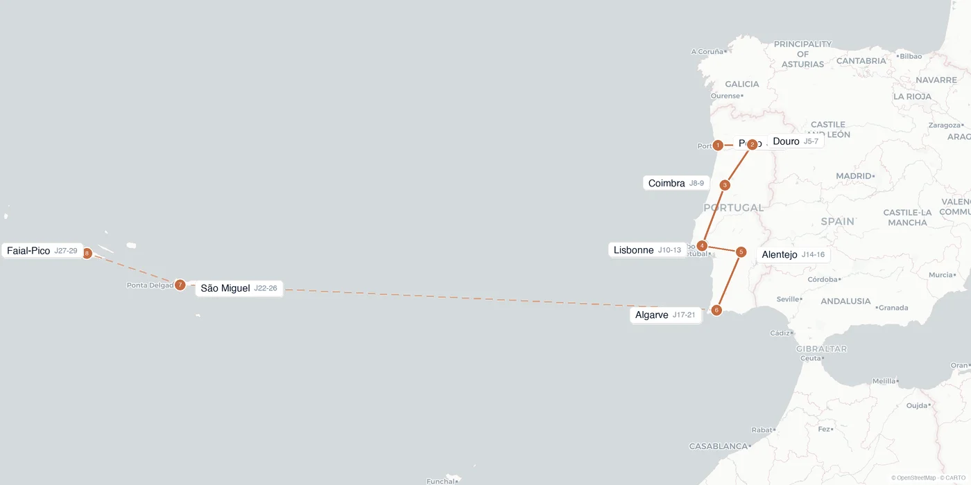 Carte de l'itinéraire 1 mois au Portugal : Porto, Douro, Coimbra, Lisbonne, Évora, Algarve, Açores