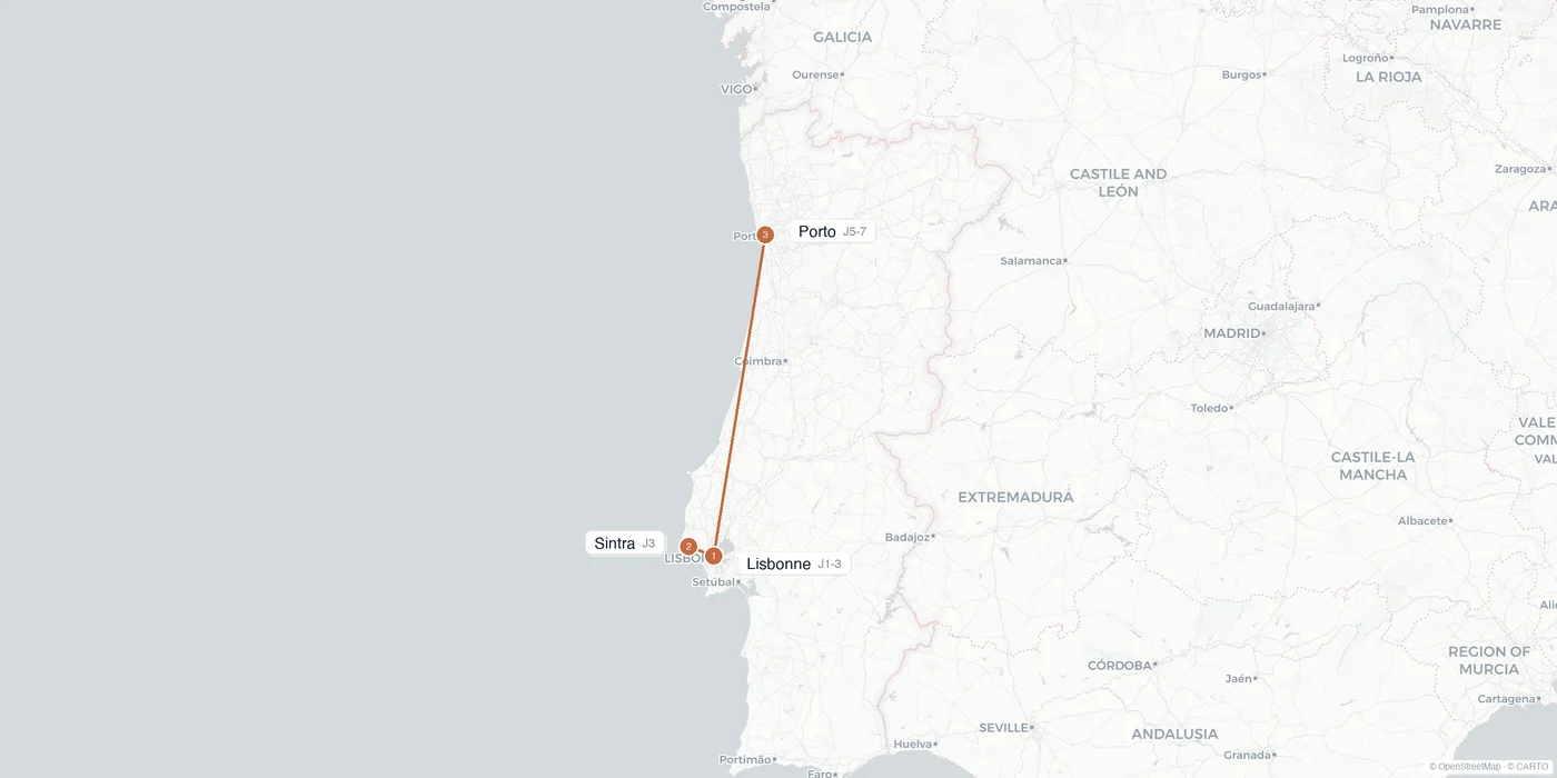 Carte de l'itinéraire 1 semaine au Portugal : Lisbonne, Sintra, Porto