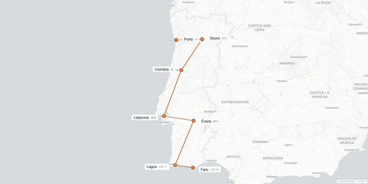 Carte de l'itinéraire 2 semaines au Portugal : Porto, vallée du Douro, Coimbra, Lisbonne, Évora, Lagos, Faro
