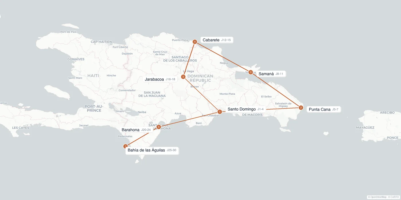 Carte de l'itinéraire 1 mois en République dominicaine : Santo Domingo, Punta Cana, Samaná, Cabarete, Jarabacoa, Barahona, Bahía de las Águilas