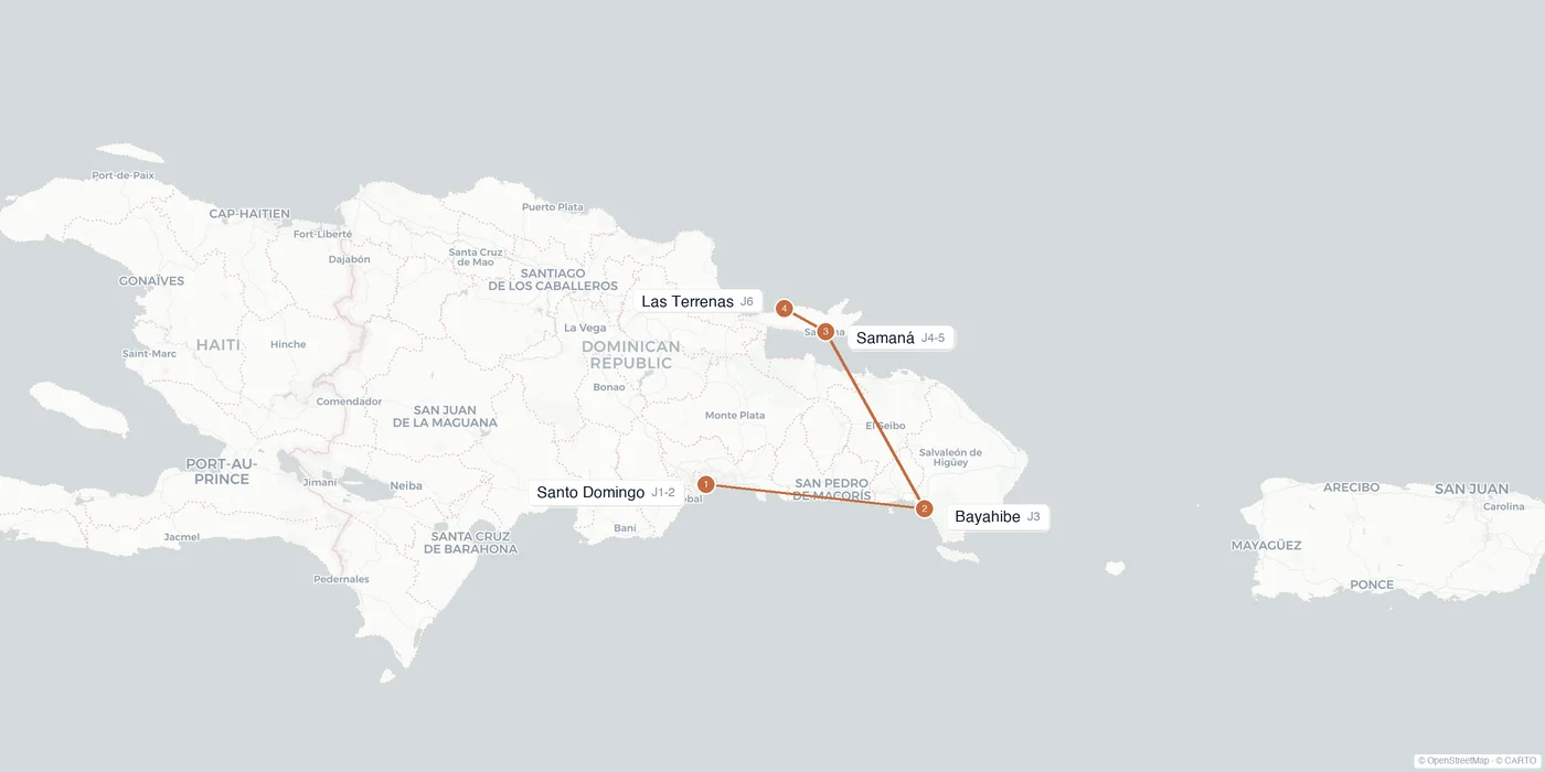 Carte de l'itinéraire 1 semaine en République dominicaine : Santo Domingo, Bayahibe, Samaná, Las Terrenas