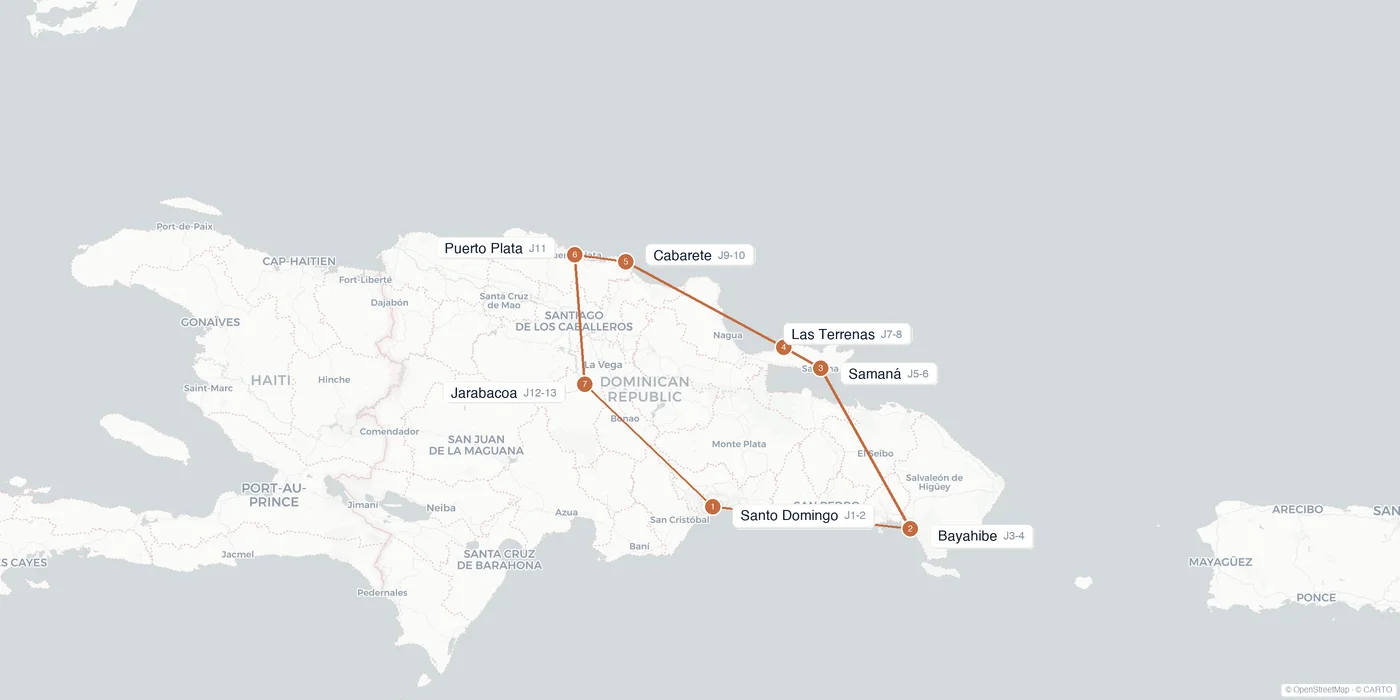 Carte de l'itinéraire 2 semaines en République dominicaine : Santo Domingo, Bayahibe, Samaná, Las Terrenas, Cabarete, Puerto Plata, Jarabacoa