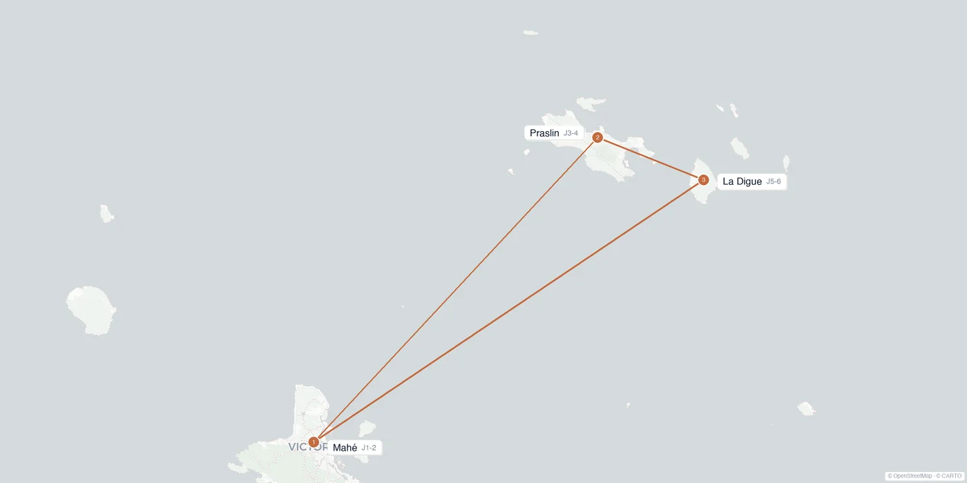 Carte de l'itinéraire 1 semaine aux Seychelles : Mahé, Praslin, La Digue