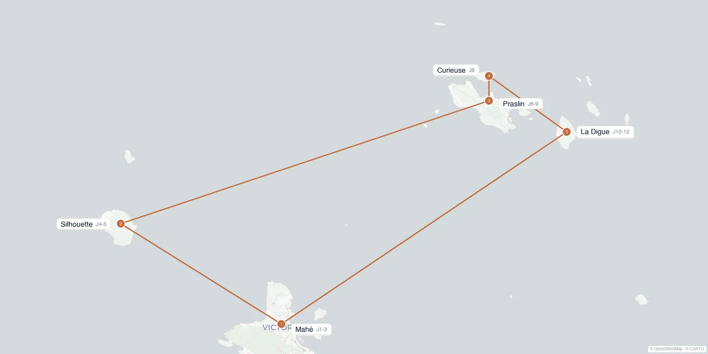 Carte de l'itinéraire 2 semaines aux Seychelles : Mahé, Silhouette, Praslin, Curieuse, La Digue