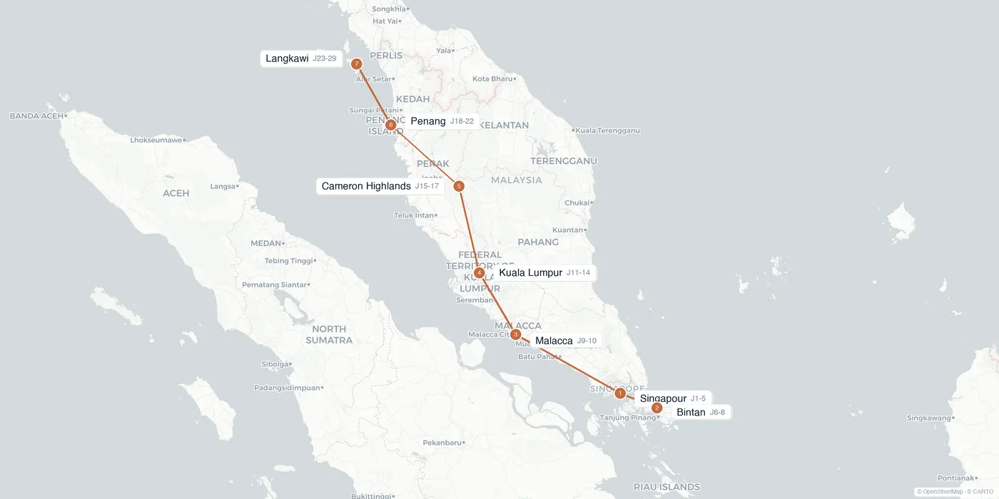 Carte de l'itinéraire 1 mois à Singapour : Singapour, Bintan, Malacca, Kuala Lumpur, Cameron Highlands, Penang, Langkawi