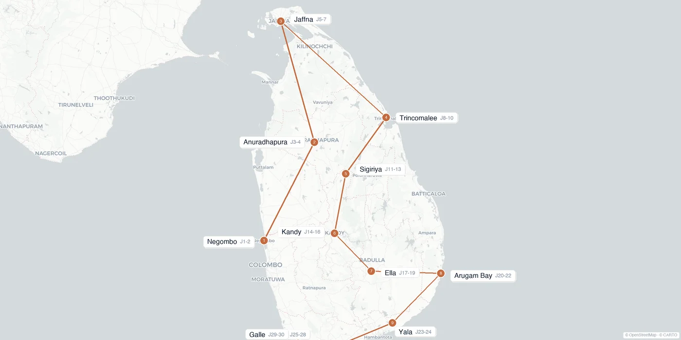 Carte de l'itinéraire 1 mois au Sri Lanka : Negombo, Anuradhapura, Jaffna, Trincomalee, Sigiriya, Kandy, Ella, Arugam Bay, Yala, Mirissa, Galle