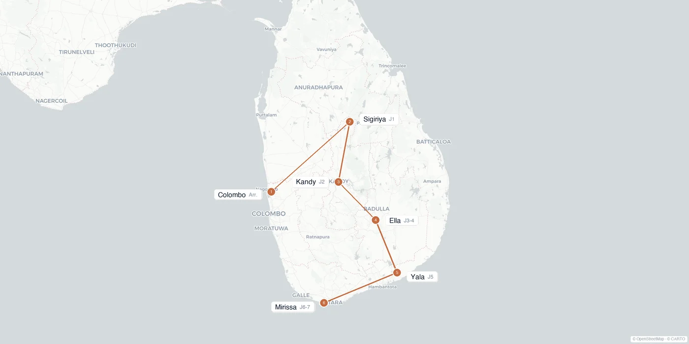 Carte de l'itinéraire 1 semaine au Sri Lanka : Colombo, Sigiriya, Kandy, Ella, Mirissa