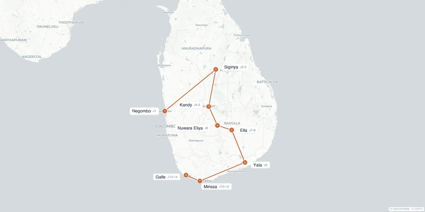 Carte de l'itinéraire 2 semaines au Sri Lanka : Negombo, Sigiriya, Kandy, Nuwara Eliya, Ella, Yala, Mirissa, Galle