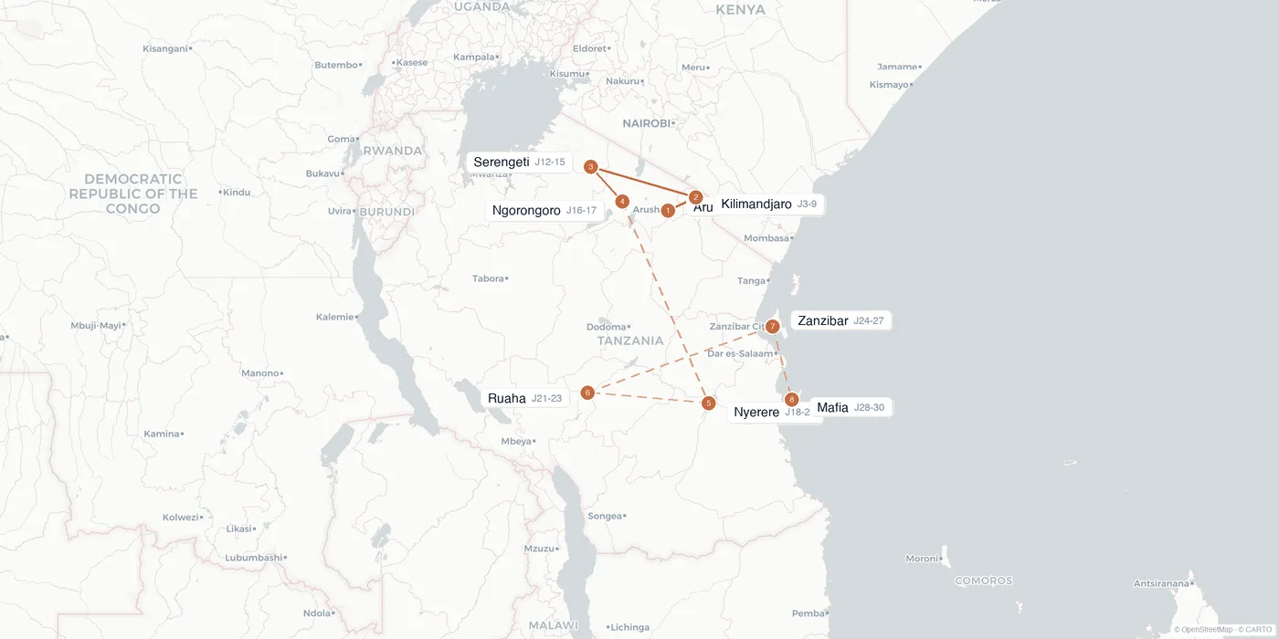 Carte de l'itinéraire 1 mois en Tanzanie : Arusha, Kilimandjaro, Tarangire, Serengeti, Ngorongoro, Nyerere, Ruaha, Zanzibar, Mafia