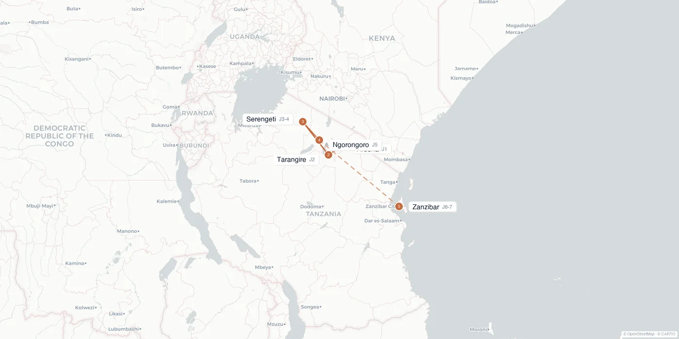Carte de l'itinéraire 1 semaine en Tanzanie : Arusha, Tarangire, Serengeti, Ngorongoro, Zanzibar