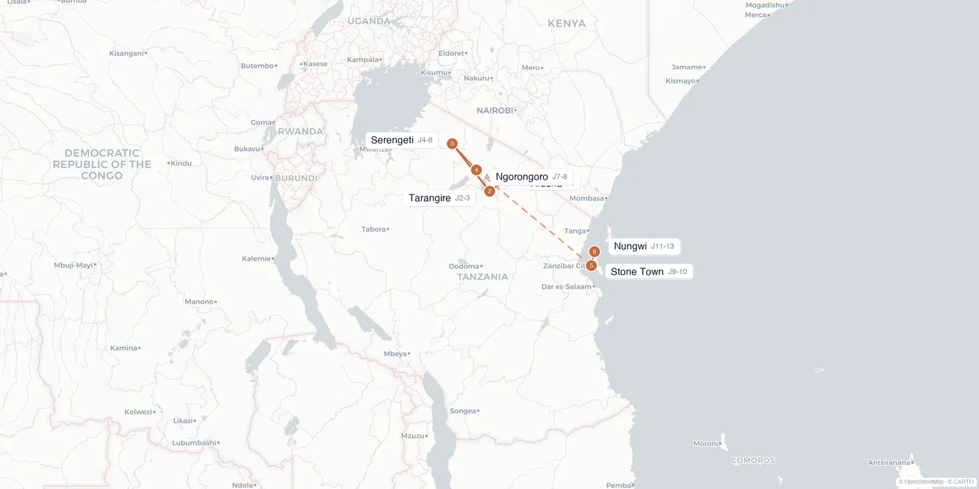 Carte de l'itinéraire 2 semaines en Tanzanie : Arusha, Tarangire, Serengeti, Ngorongoro, Zanzibar, Stone Town, Nungwi