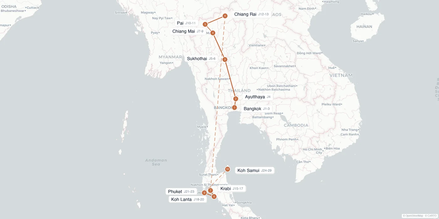 Carte de l'itinéraire 1 mois en Thaïlande : Bangkok, Ayutthaya, Sukhothai, Chiang Mai, Pai, Chiang Rai, Krabi, Koh Lanta, Phuket, Koh Samui
