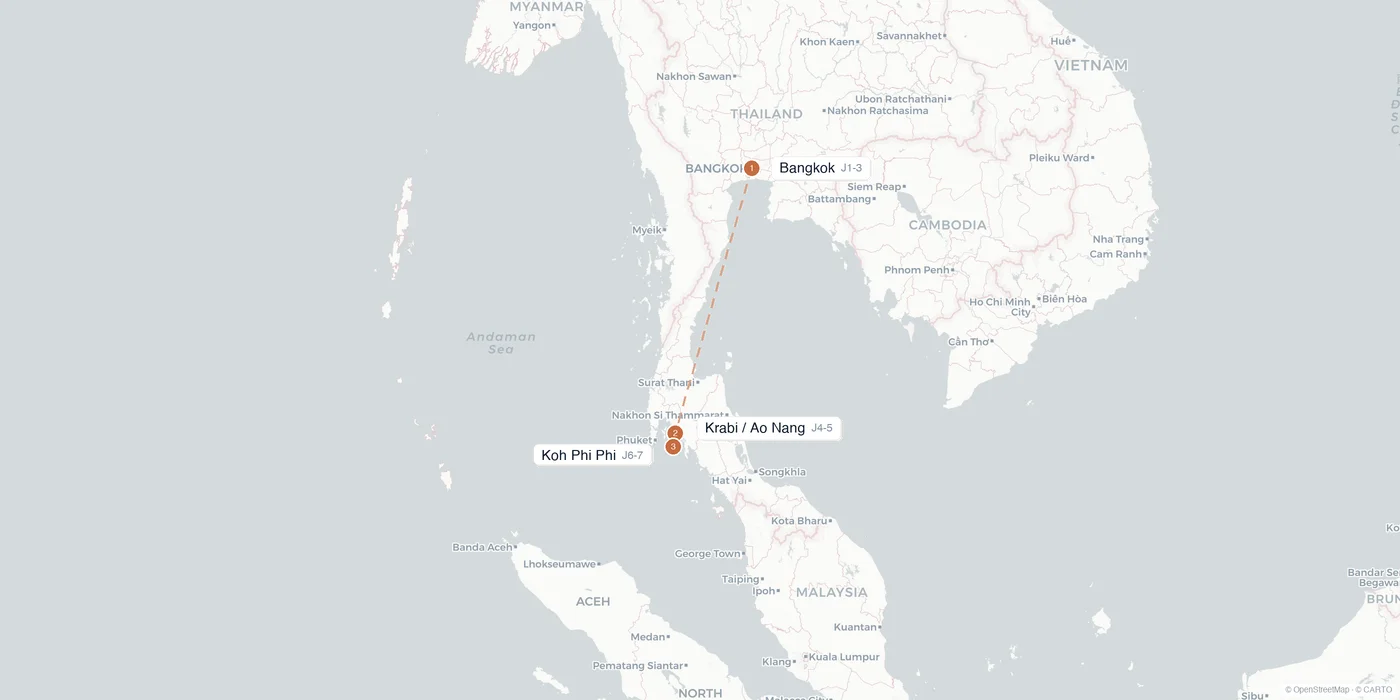 Carte de l'itinéraire 1 semaine en Thaïlande : Bangkok, Krabi, Koh Phi Phi