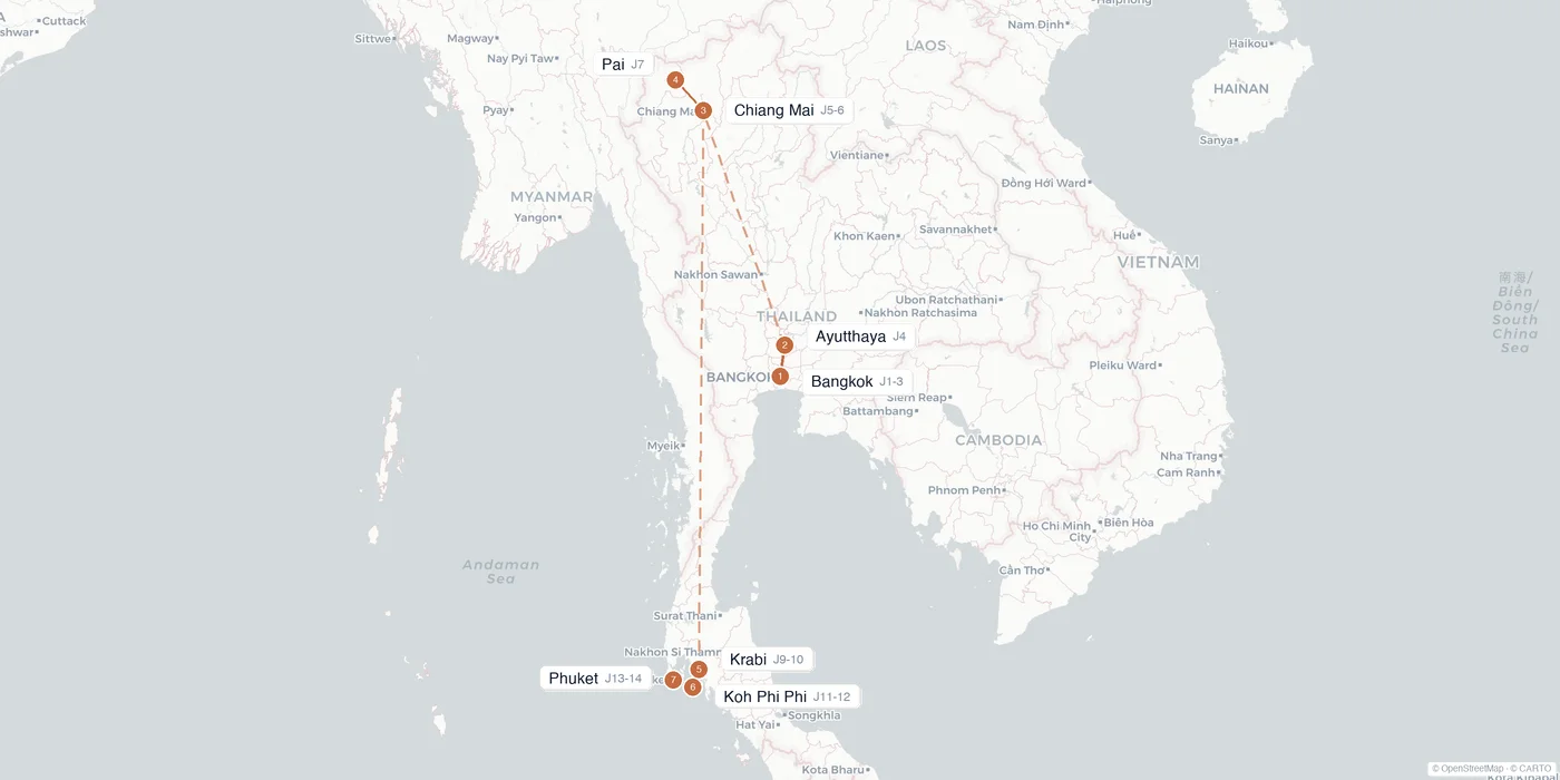 Carte de l'itinéraire 2 semaines en Thaïlande : Bangkok, Chiang Mai, Pai, Krabi, Koh Phi Phi, Phuket