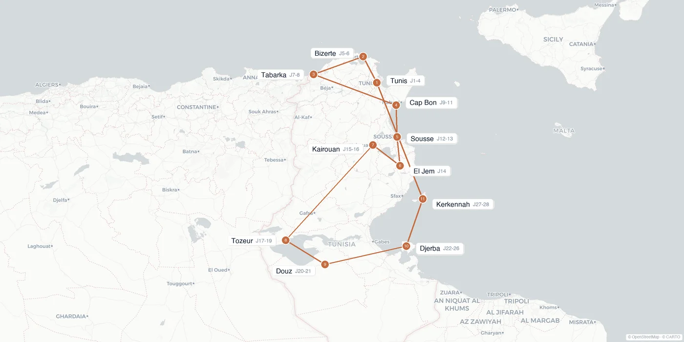 Carte de l'itinéraire 1 mois en Tunisie : Tunis, Bizerte, Tabarka, Cap Bon, Sousse, El Jem, Tozeur, Douz, Djerba, Kairouan