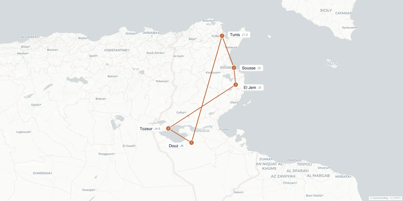 Carte de l'itinéraire 1 semaine en Tunisie : Tunis, Carthage, Sousse, El Jem, Tozeur, Douz
