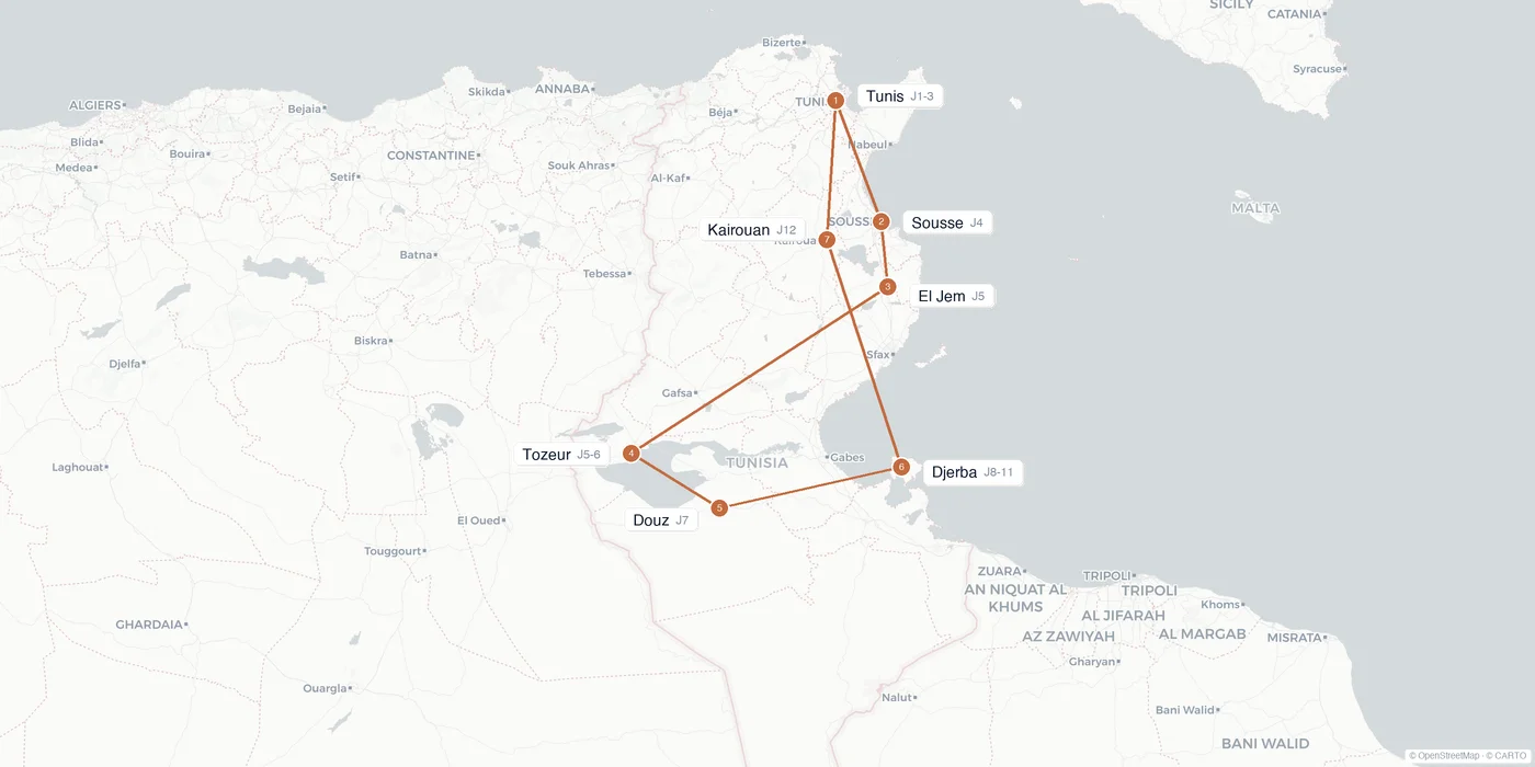 Carte de l'itinéraire 2 semaines en Tunisie : Tunis, Carthage, Sousse, El Jem, Tozeur, Douz, Djerba