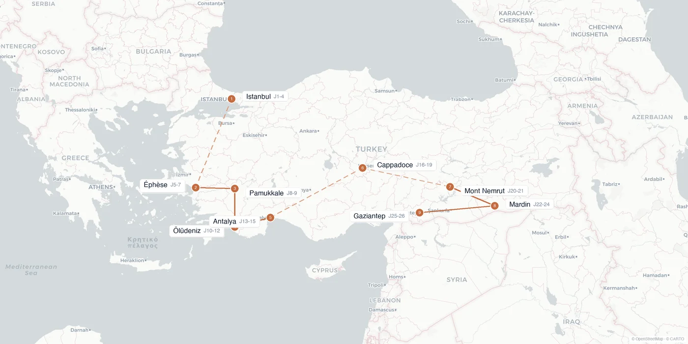 Carte de l'itinéraire 1 mois en Turquie : Istanbul, Éphèse, Pamukkale, Antalya, Cappadoce, mont Nemrut, Mardin