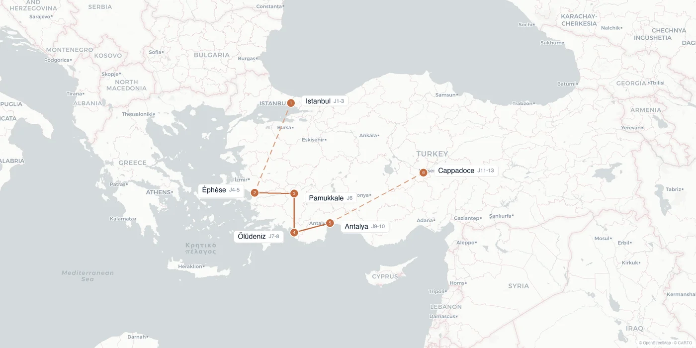 Carte de l'itinéraire 2 semaines en Turquie : Istanbul, Éphèse, Pamukkale, Ölüdeniz, Antalya, Cappadoce