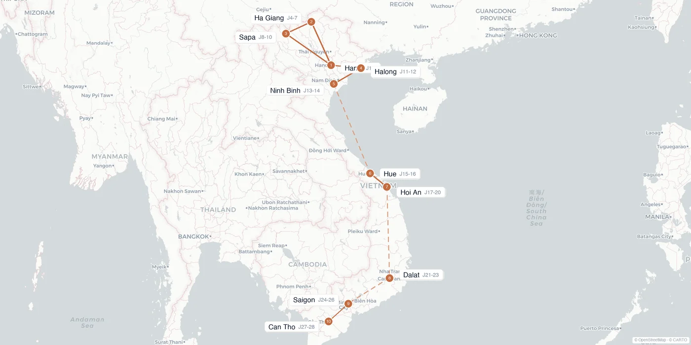 Carte de l'itinéraire 1 mois au Vietnam : Hanoi, Ha Giang, Sapa, Halong, Ninh Binh, Hue, Hoi An, Dalat, Saigon, Mékong