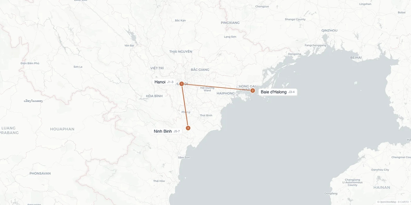 Carte de l'itinéraire 1 semaine au Vietnam : Hanoi, baie d'Halong, Ninh Binh