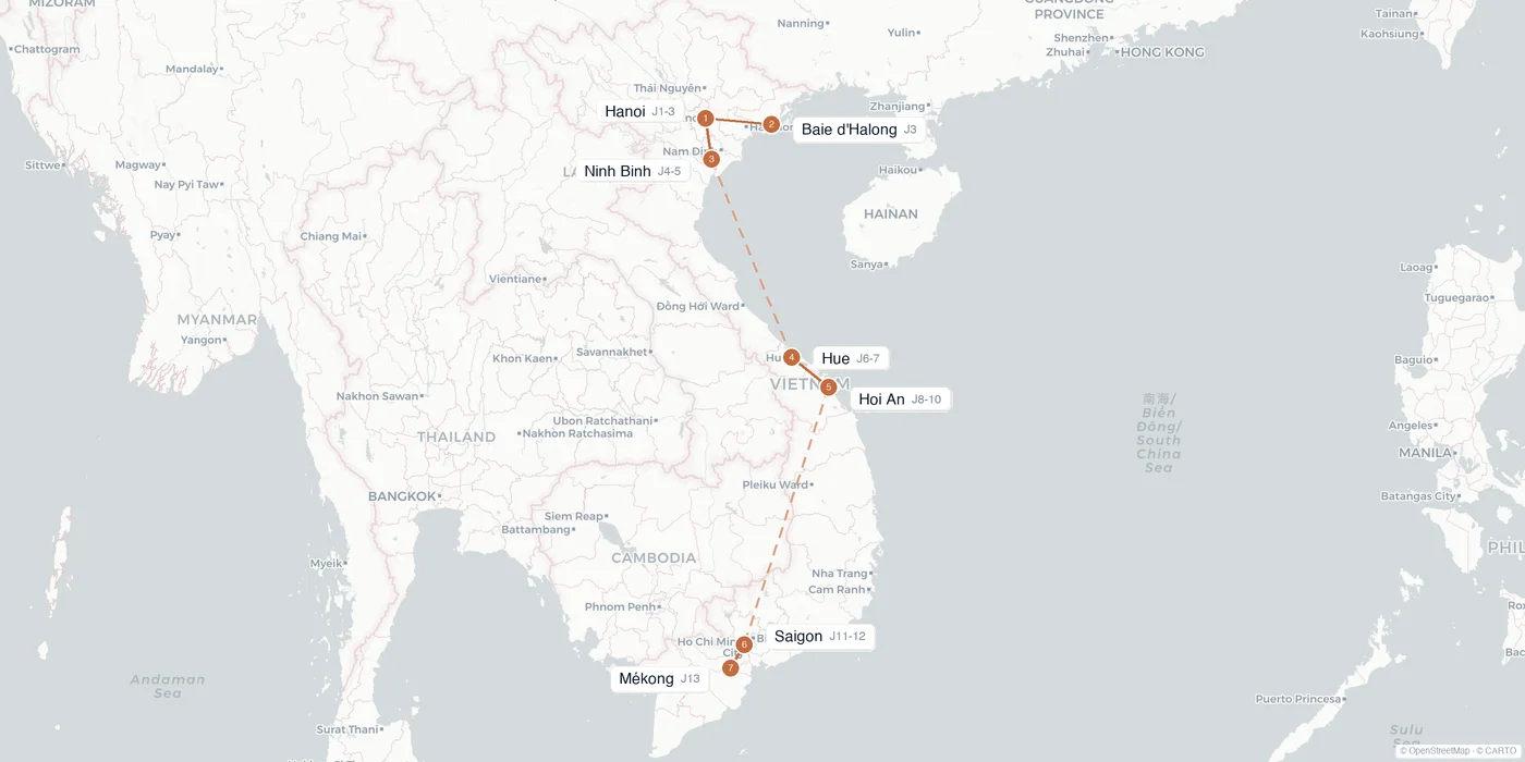 Carte de l'itinéraire 2 semaines au Vietnam : Hanoi, baie d'Halong, Ninh Binh, Hue, Hoi An, Saigon, Mékong